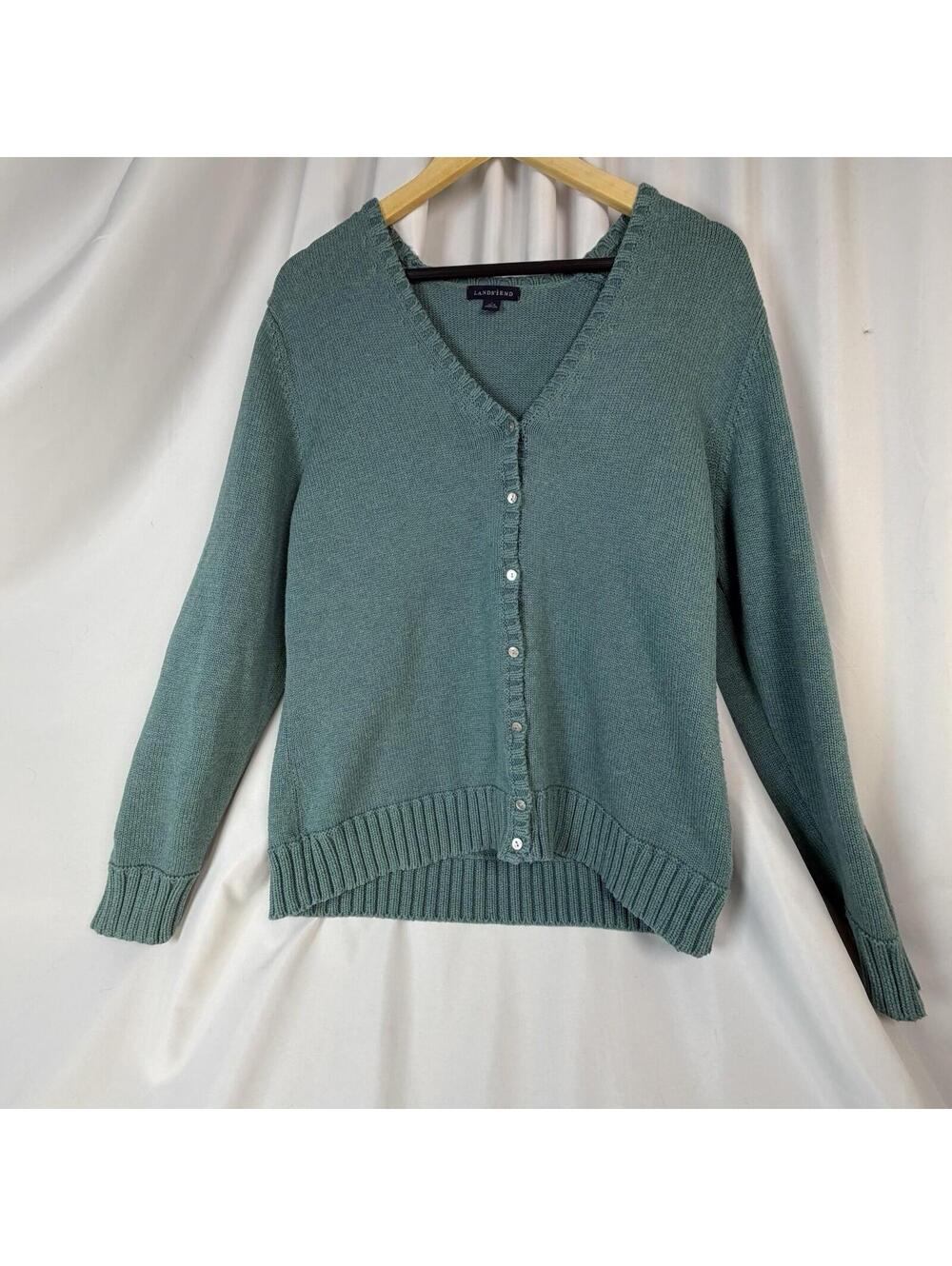 Lands End Cardigan Sweater Women Large Knit Ribbed Hem Button Front Teal Vintage